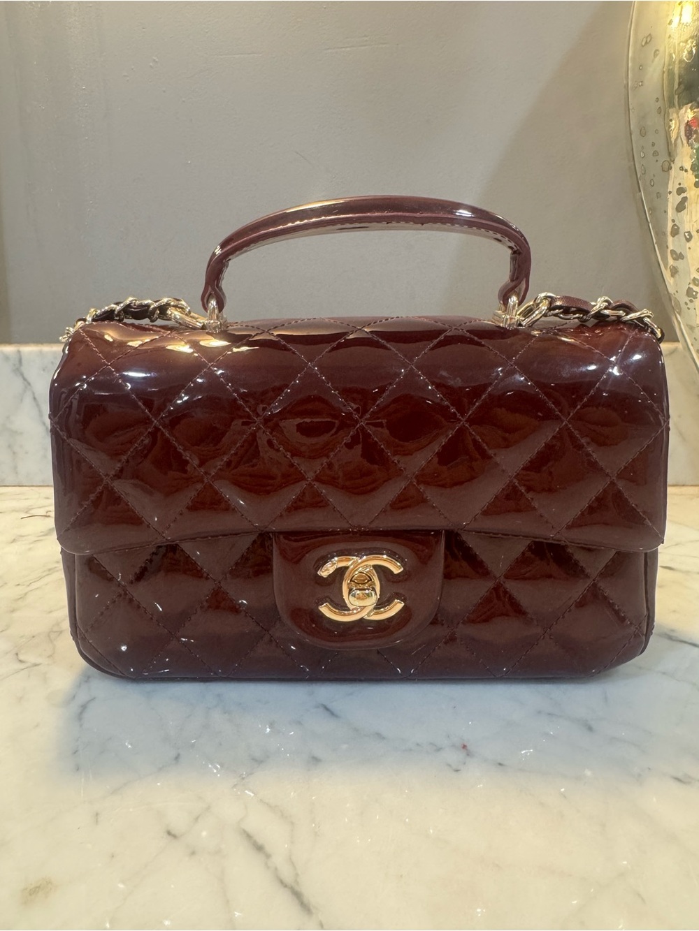 CC  Patent Leather Top-Handle Bag in Burgundy